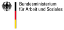Links in schwarz der Bundesadler, daneben eine schwarz rot gelbe senkrechte Linie und der Text Bundesministerium für Arbeit und Soziales
