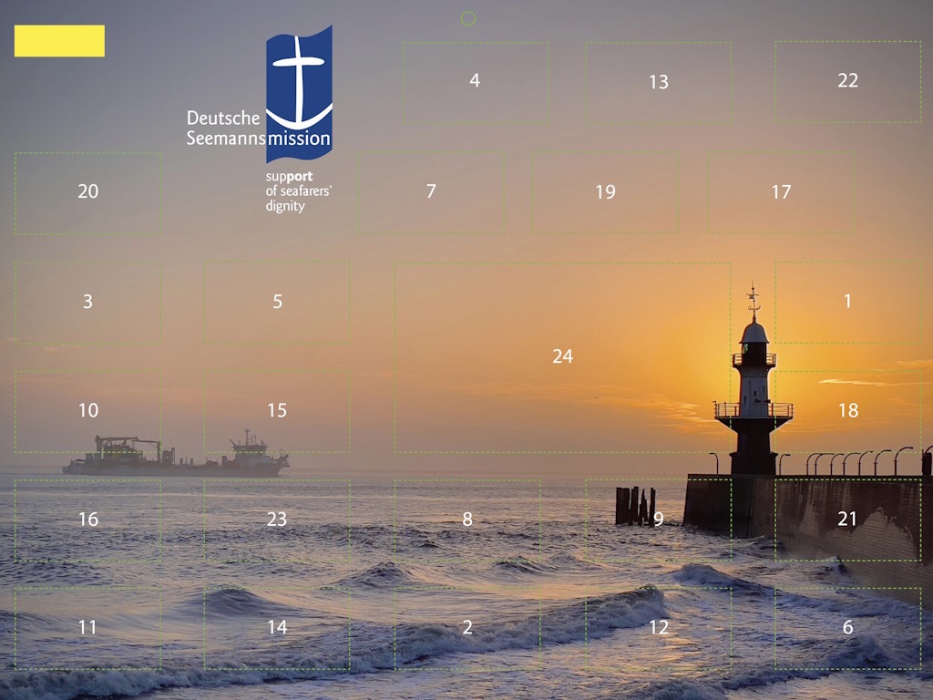 Advent 2023 - der Maritime Adventskalender der Seemannsmisison mit einem Foto vom Sonnenuntergang an der Mole mit dem kleinen Leuchtturm
