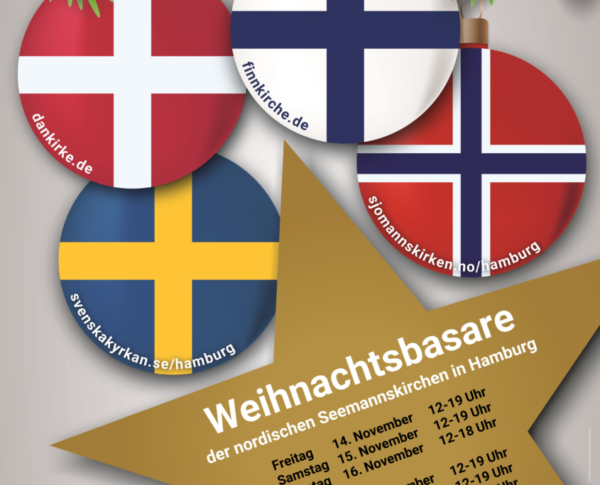 Das Plakat der Basare der nordischen Seemannskirchen mit stilisierten Kugeln mit den Flaggen der vier Länder Dänemark, Finnland, Schweden und Norwegen udn den Daten der Weihnachtsbasare in der Ditma-Loel-Straße 2025