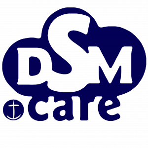 Logo für den Chat für Seeleute dsm.Care 
DIe Buchstaben DSM durchsichtig in einer Wolke, im Punkt ist das Ankerkreuz der Seemannsmisssion und runter steht Care 