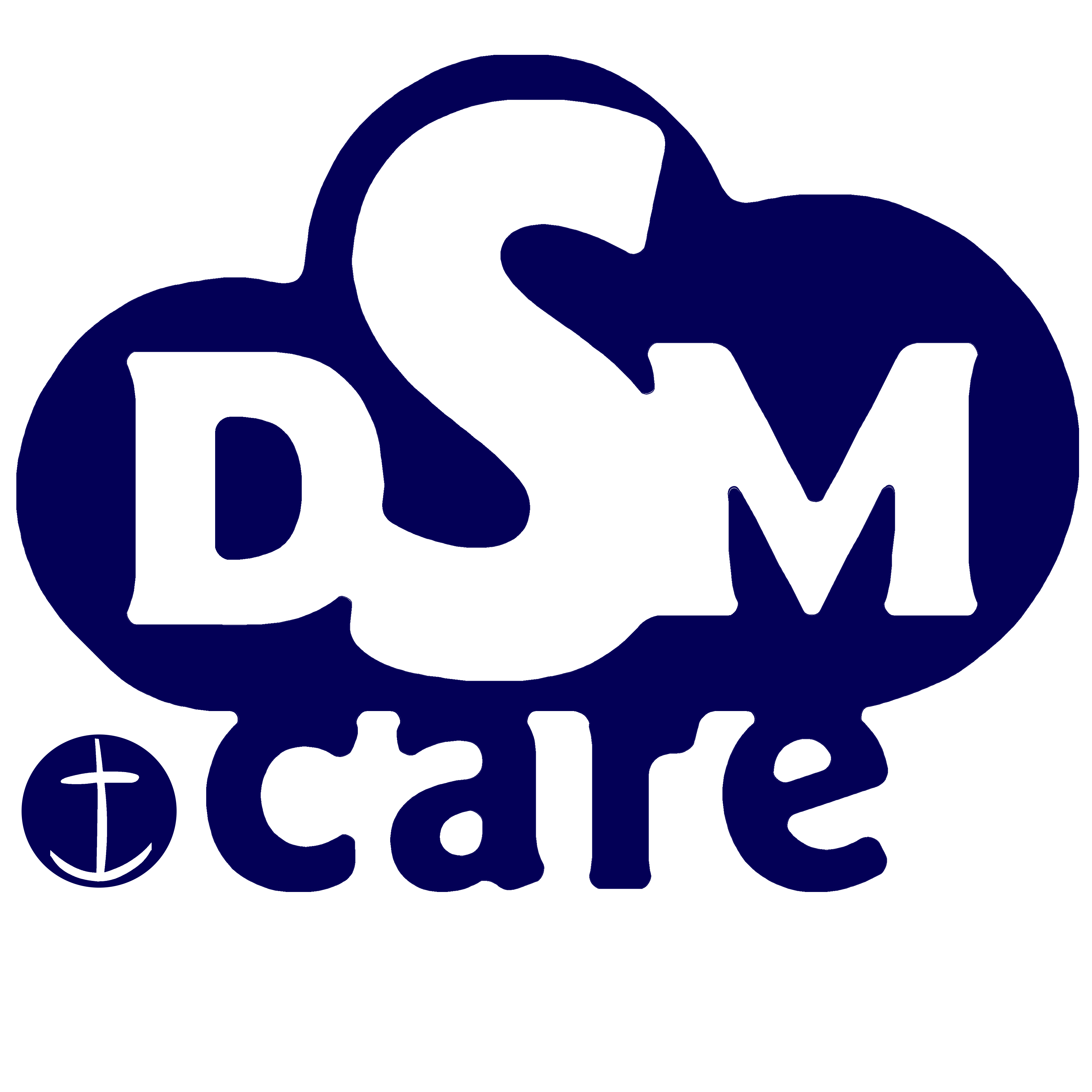 Logo für den Chat für Seeleute dsm.Care DIe Buchstaben DSM durchsichtig in einer Wolke, im Punkt ist das Ankerkreuz der Seemannsmisssion und runter steht Care
