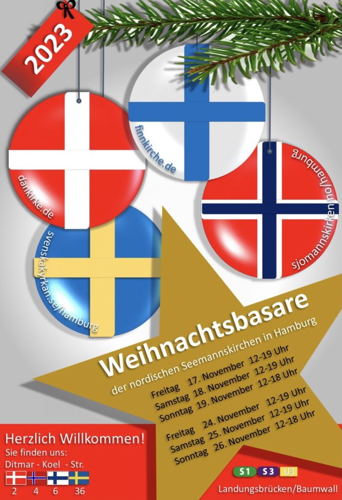 Das Plakat der Basare der nordischen Seemannskirchen 2023 mit den Flaggen der 4 Länder als Weihnachtskugeln und den Daten und Öffnungszeiten
