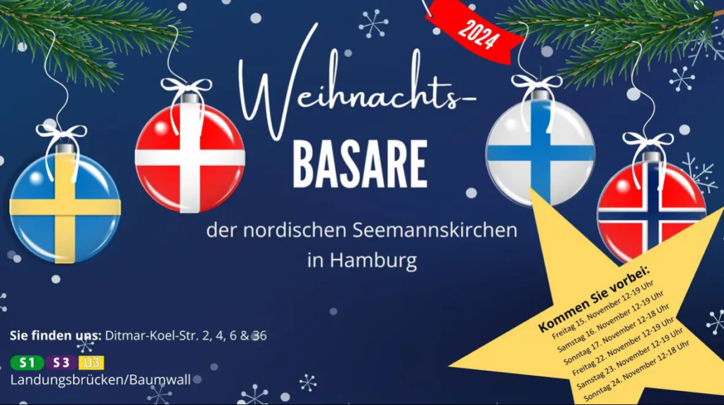 Das Plakat mit stilisierten Weihnachtsbaumkugeln mit den Flaggen der vier nordischen Länder und dem Text: Weihnachts- basare der nordischen Kirchen in Hamburg.