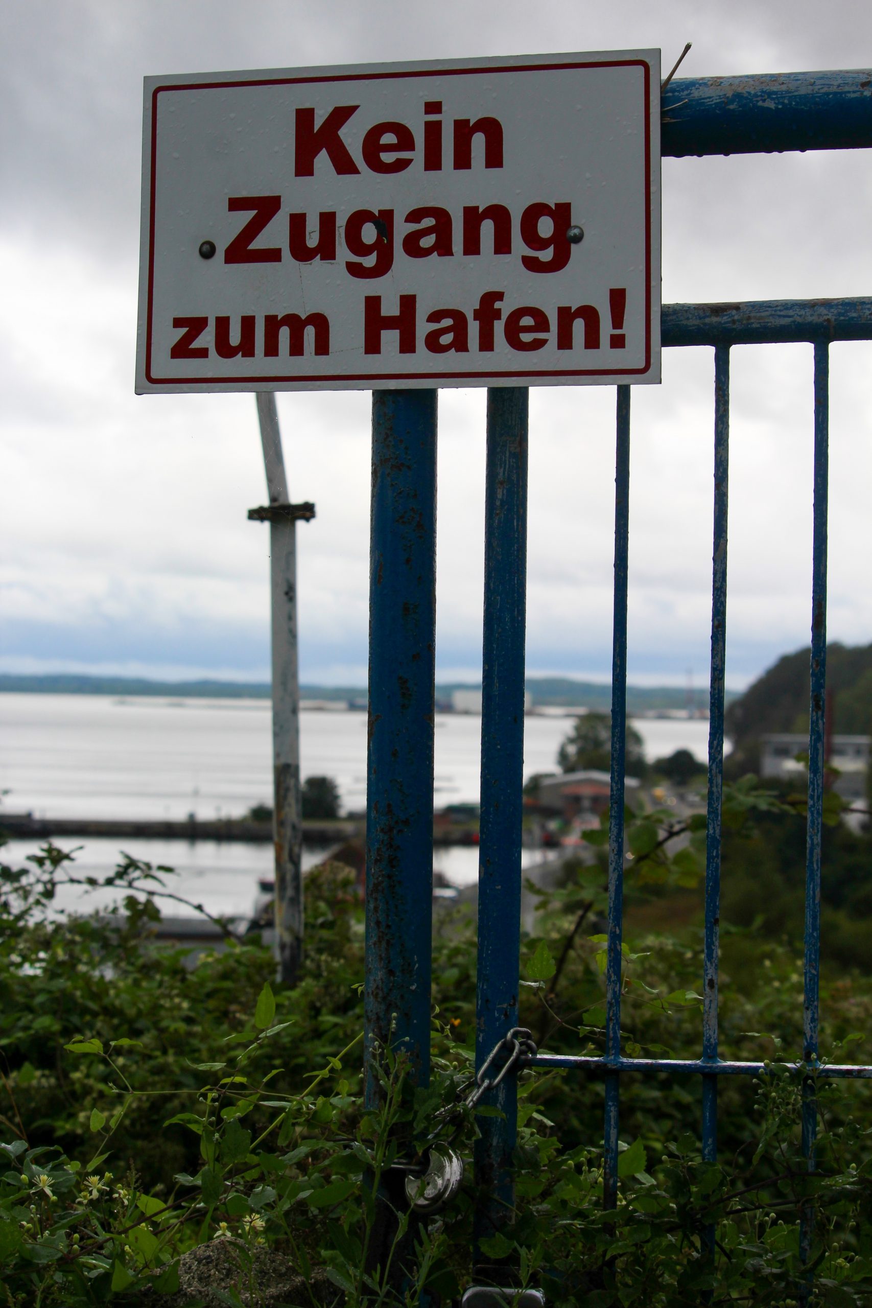 An einer GitterTür hängt ein Schild: Kein Zugang zum Hafen - Menschenrechte auch auf See