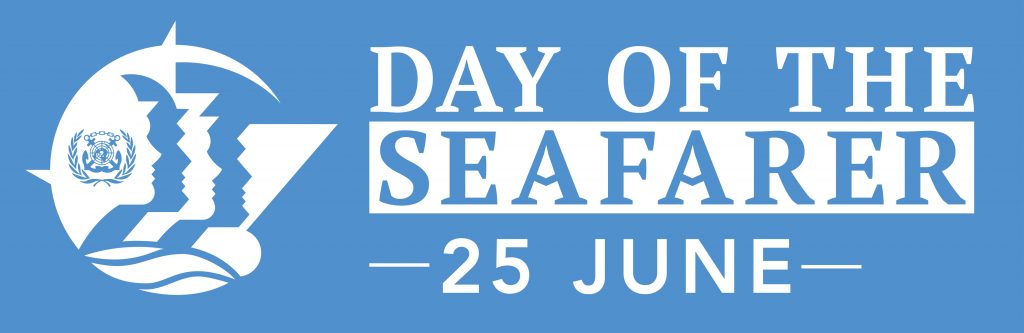 Tag der Seeleute - Das Logo mit dem Text_ "Day of the Seafarer - 25 June" in weiß auf hellblauem Grund und einem stilisierten Kopf eines Seefahrers