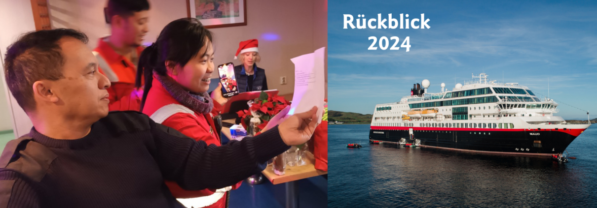 Das Foto zum Jahr 2024 bei der Seemannsmission ist eine Collage. Links ist ein Foto von einem Weihnachtskonzert der Seemannsmission Le Havre an Bord eines Schiffes. Man sieht drei philippinische Seeleute, zwei Männer und eine Frau, die gemeinsam Weihnachtslieder singen. Die Frau ist gleichzeitig mit jemandem über ihr Smartphone per Video verbunden. Das Foto oben rechts zeigt das Kreuzfahrtschiff Maud.