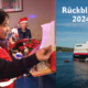 Das Foto zum Jahr 2024 bei der Seemannsmission ist eine Collage. Links ist ein Foto von einem Weihnachtskonzert der Seemannsmission Le Havre an Bord eines Schiffes. Man sieht drei philippinische Seeleute, zwei Männer und eine Frau, die gemeinsam Weihnachtslieder singen. Die Frau ist gleichzeitig mit jemandem über ihr Smartphone per Video verbunden. Das Foto oben rechts zeigt das Kreuzfahrtschiff Maud.