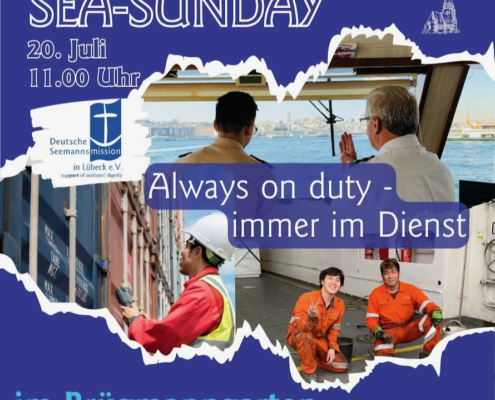 Die Grafik wirbt für den sogenannten Sea Sunday am ersten Sonntag der Travemünder Woche 2025. Um 11 Uhr findet im Brügmanngarten in Travemünde auf der großen Bühne ein maritimer Gottesdienst statt.
