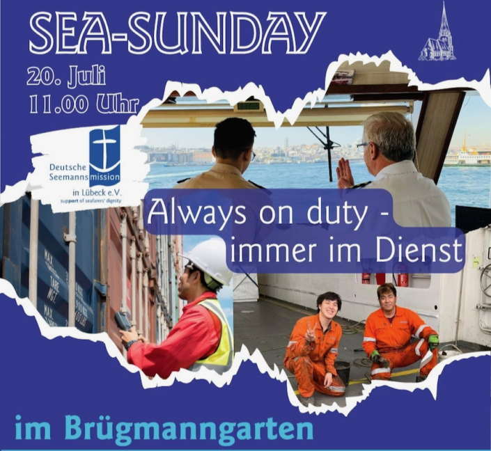 Die Grafik wirbt für den sogenannten Sea Sunday am ersten Sonntag der Travemünder Woche 2025. Um 11 Uhr findet im Brügmanngarten in Travemünde auf der großen Bühne ein maritimer Gottesdienst statt.