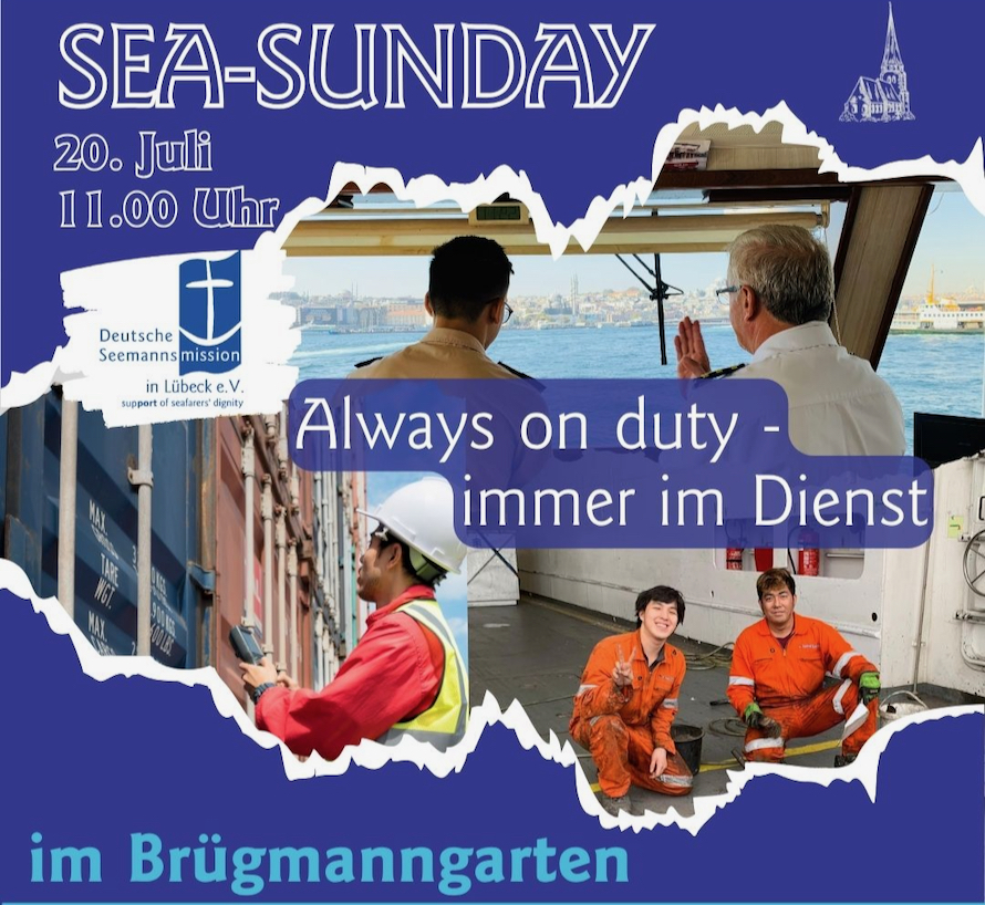Die Grafik wirbt für den sogenannten Sea Sunday am ersten Sonntag der Travemünder Woche 2025. Um 11 Uhr findet im Brügmanngarten in Travemünde auf der großen Bühne ein maritimer Gottesdienst statt.