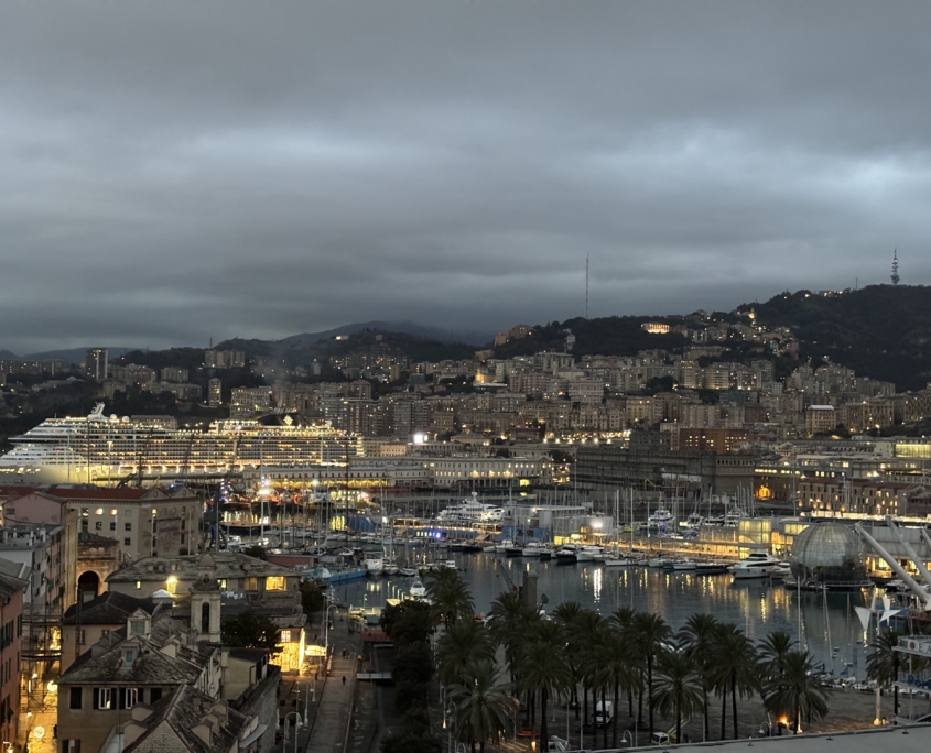 Zu sehen ist der Hafen von Genua, Italien, in der Dämmerung. Im Hintergrund sieht man die Berge, die Stadt ist von Straßenlaternen erleuchtet.