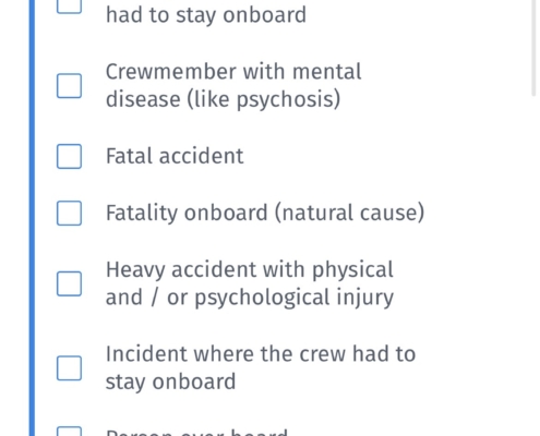 Die Darstellung zeigt einen Screenshot einer Frage der Umfrage des EU-geförderten Projektes Sea Care. Es richtet sich an Seeleute, Reedereien und maritime Organisationen. Ziel ist es, die psychologische Betreuung nach schweren Zwischenfällen auf See branchenweit zu verbessern.