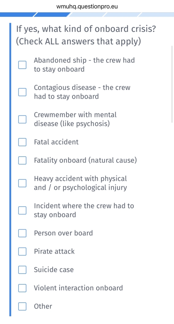 Die Darstellung zeigt einen Screenshot einer Frage der Umfrage des EU-geförderten Projektes Sea Care. Es richtet sich an Seeleute, Reedereien und maritime Organisationen. Ziel ist es, die psychologische Betreuung nach schweren Zwischenfällen auf See branchenweit zu verbessern.