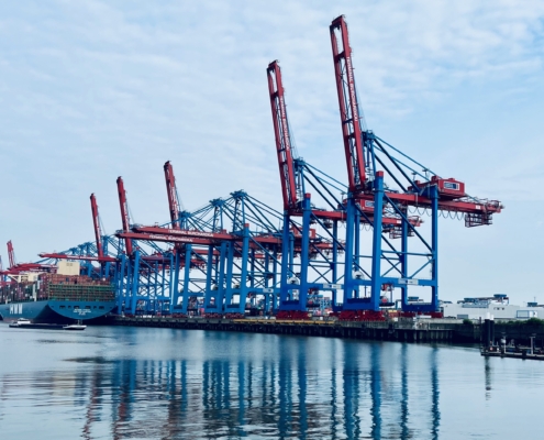 Das Foto zeigt die Containerbrücken im Hamburger Hafen am Burchardkai. Die blau-rot gestrichenen Containerkräne spiegeln sich auf der Wasseroberfläche. Der Himmel ist hellblau, mit weißen Schleierwolken.